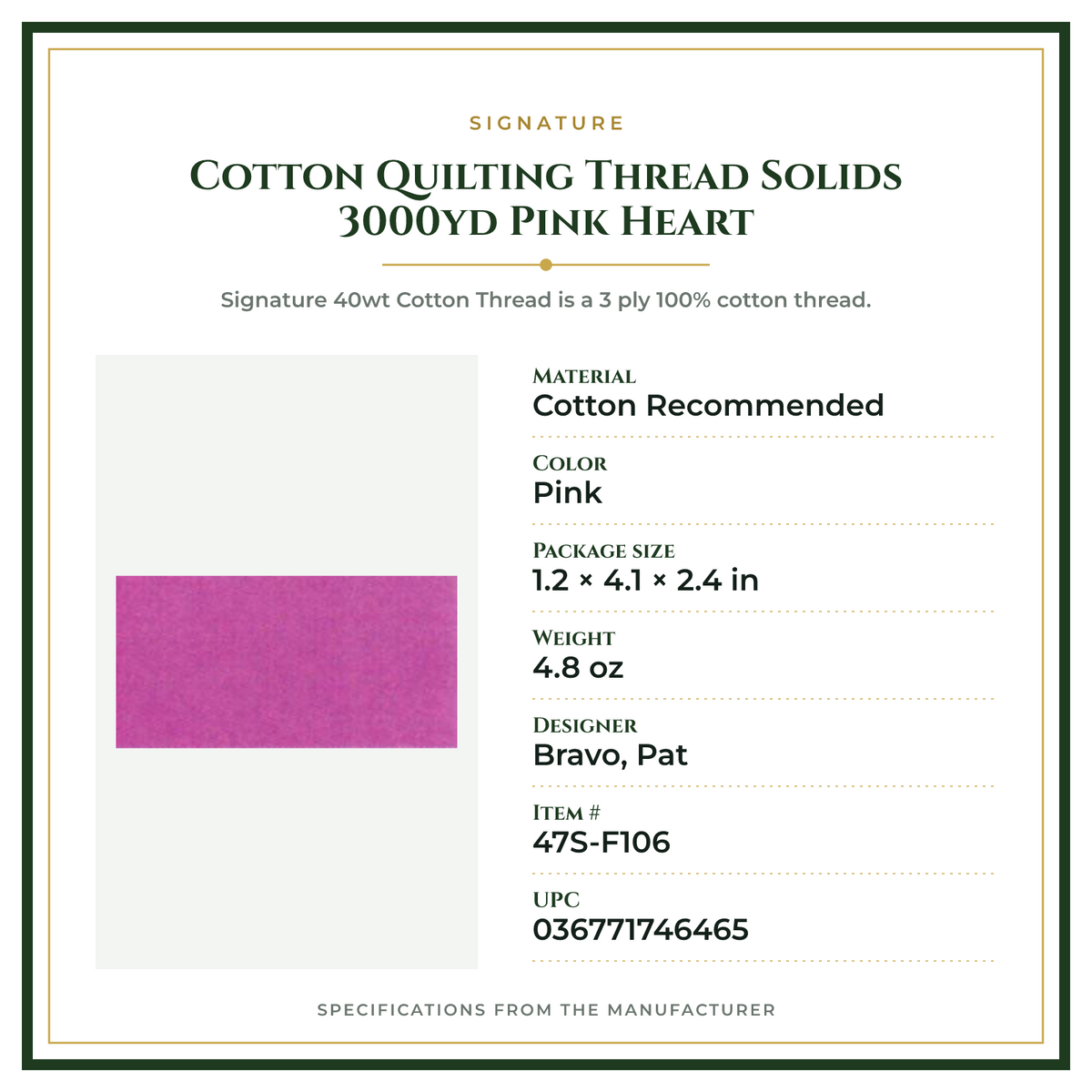 Product Specifications – Cotton Quilting Thread Solids 3000yd Pink Heart