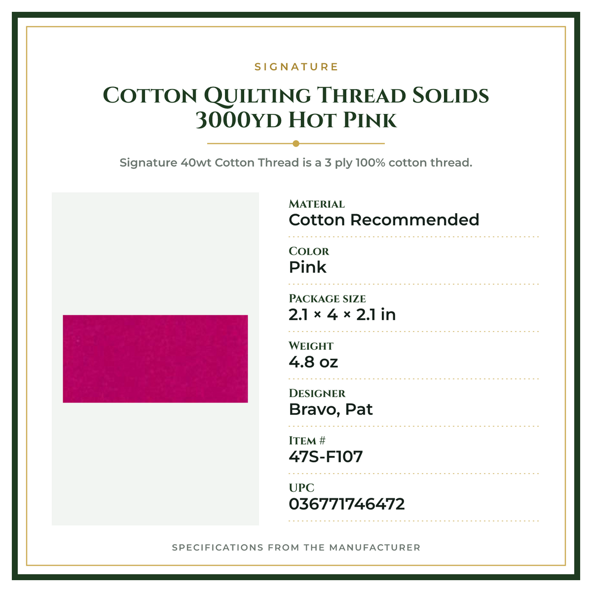 Product Specifications – Cotton Quilting Thread Solids 3000yd Hot Pink