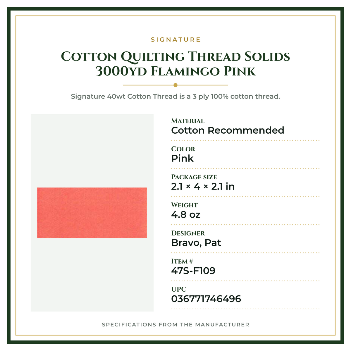 Product Specifications – Cotton Quilting Thread Solids 3000yd Flamingo Pink