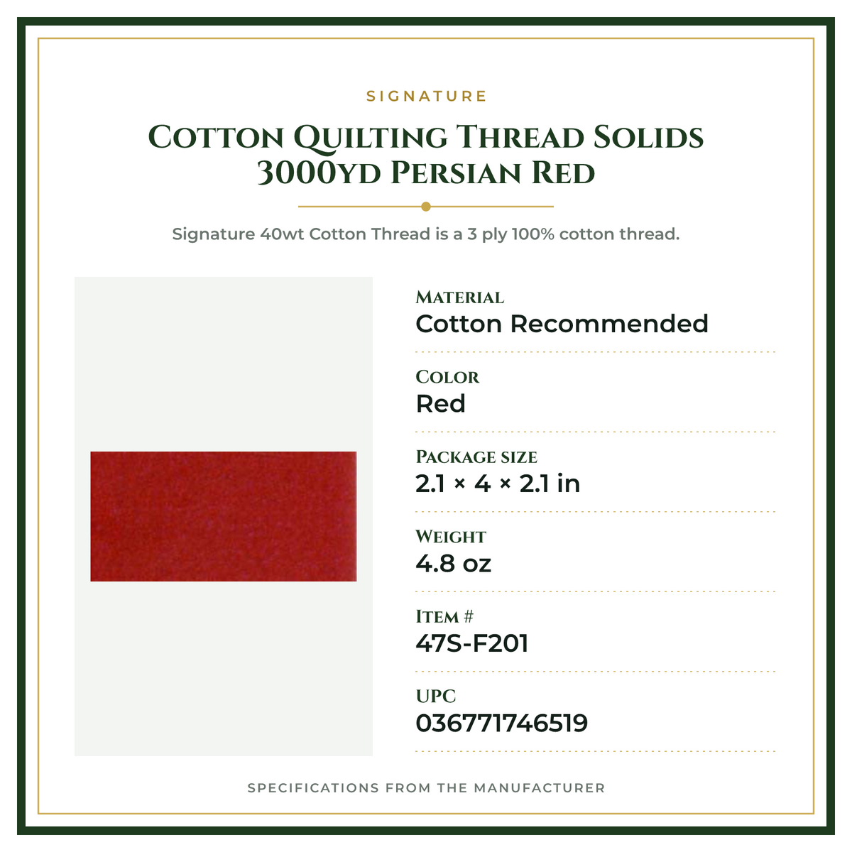 Product Specifications – Cotton Quilting Thread Solids 3000yd Persian Red