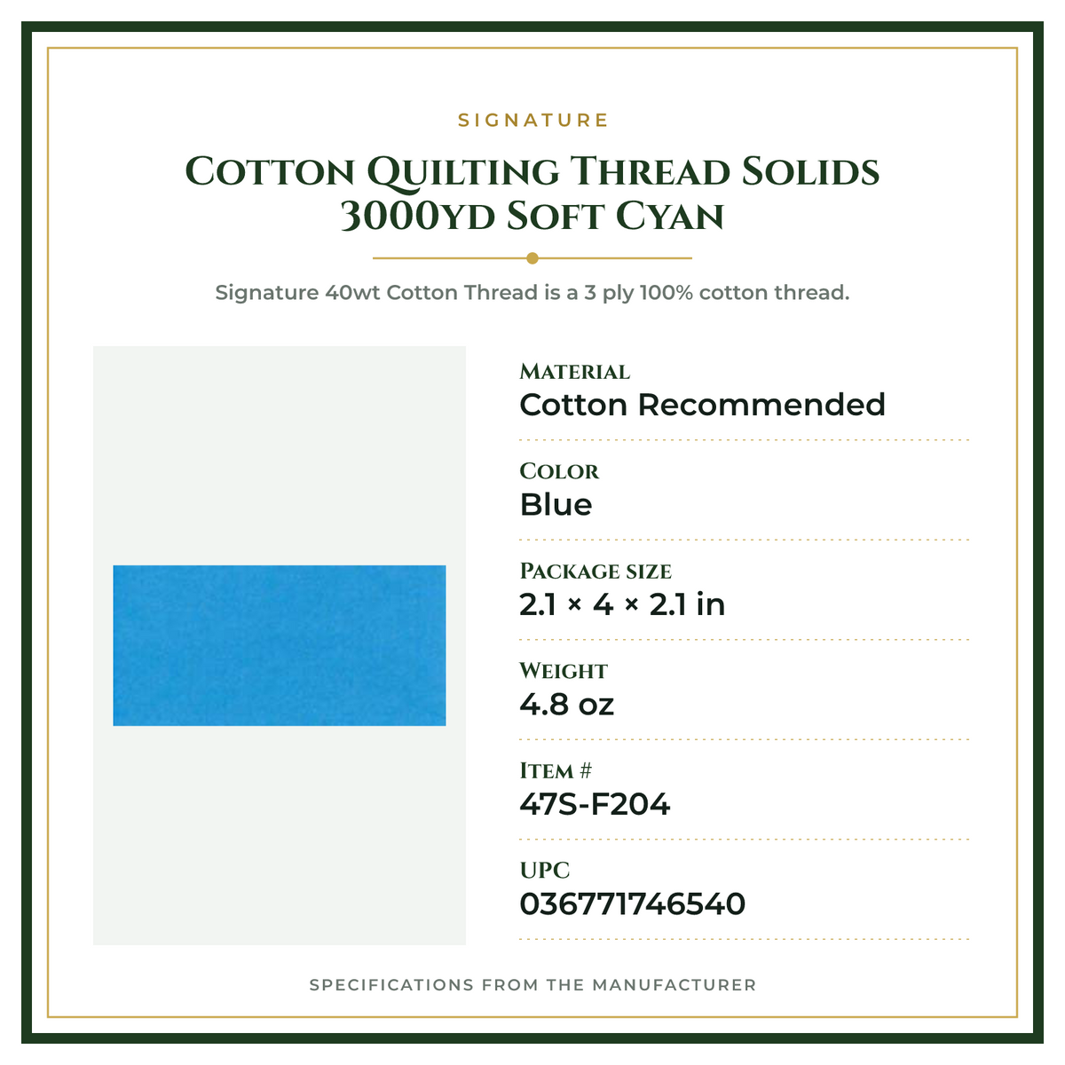 Product Specifications – Cotton Quilting Thread Solids 3000yd Soft Cyan