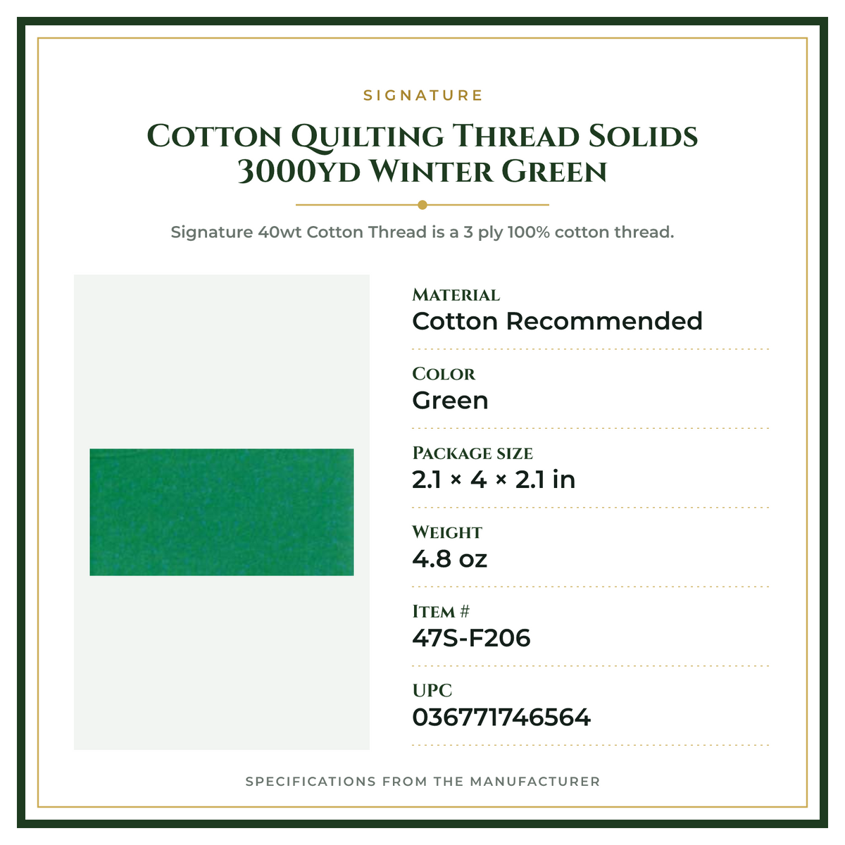Product Specifications – Cotton Quilting Thread Solids 3000yd Winter Green