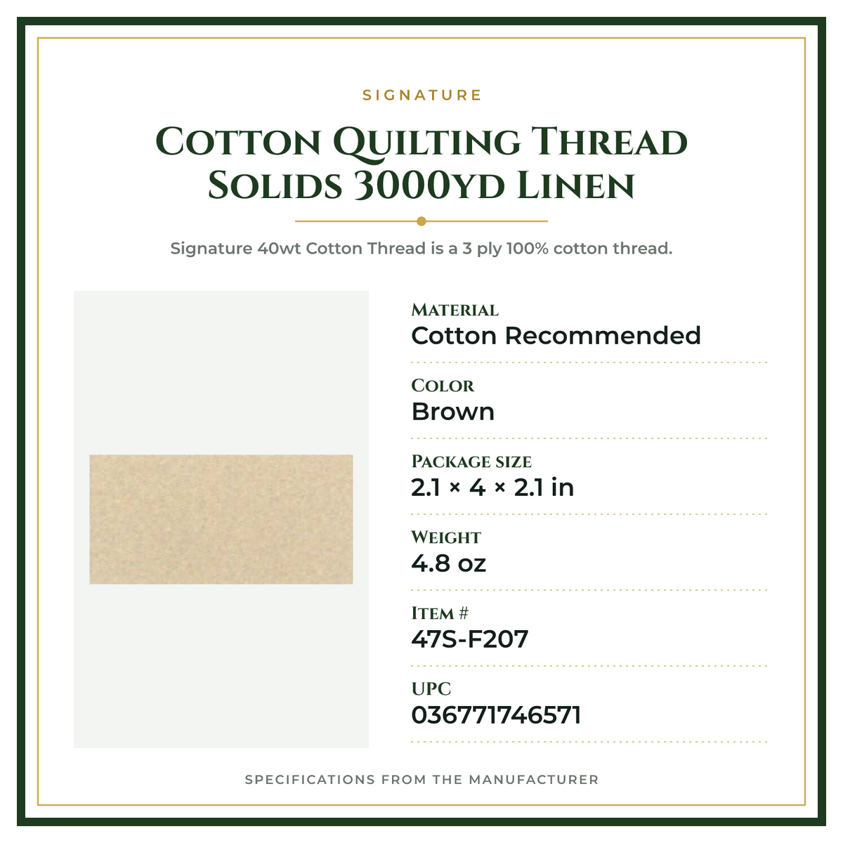 Product Specifications – Cotton Quilting Thread Solids 3000yd Linen