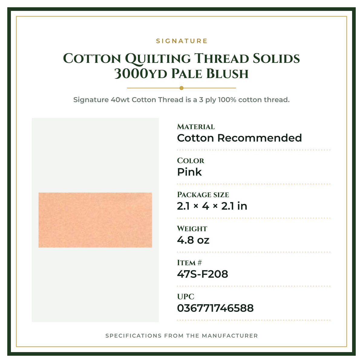 Product Specifications – Cotton Quilting Thread Solids 3000yd Pale Blush