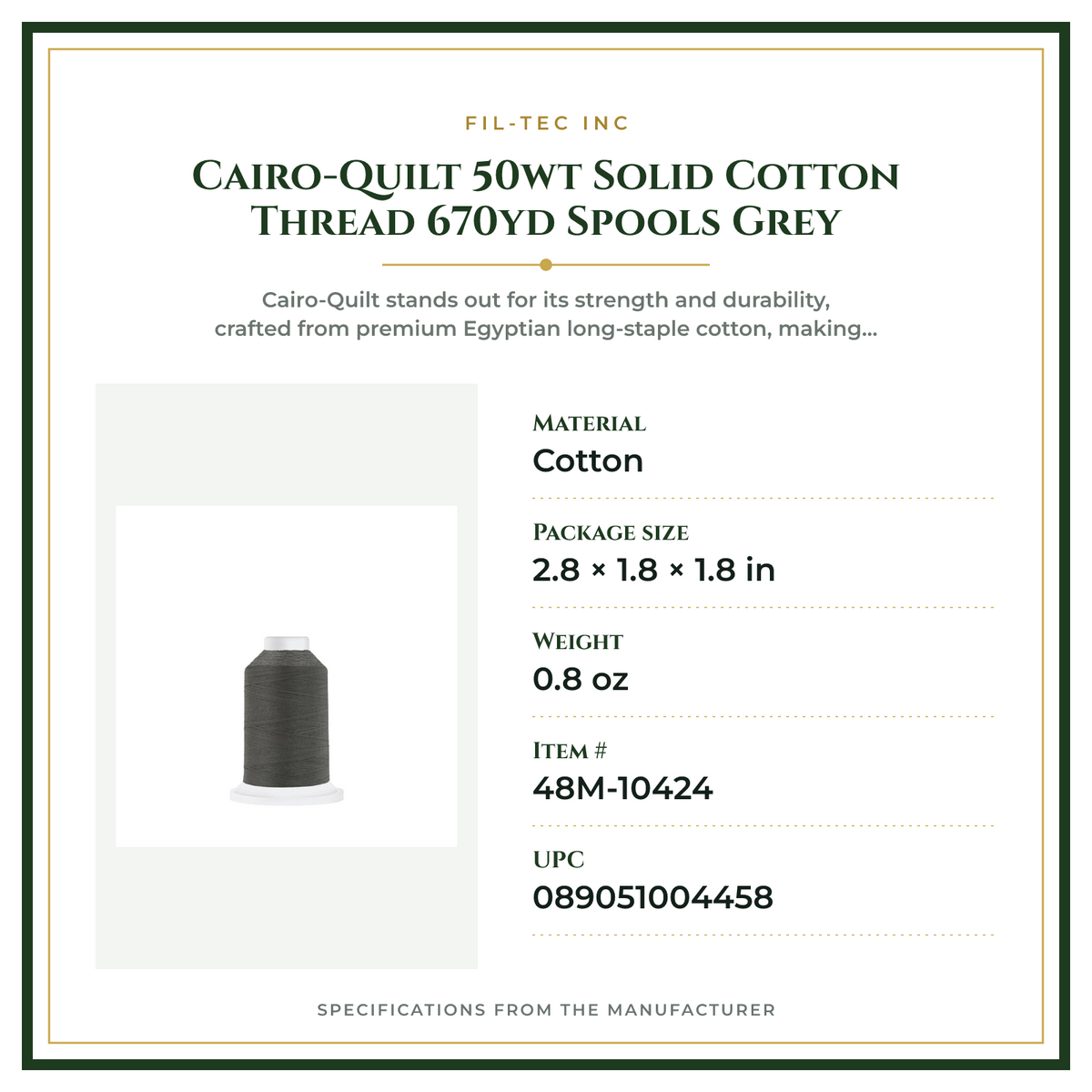 Product Specifications – Cairo-Quilt 50wt  Solid Cotton Thread 670yd Spools Grey