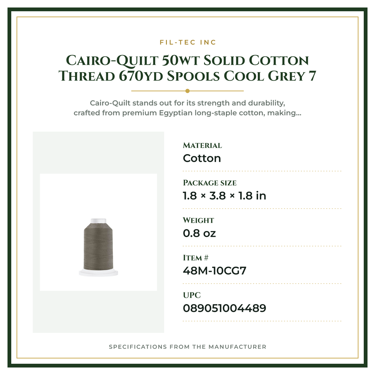 Product Specifications – Cairo-Quilt 50wt  Solid Cotton Thread 670yd Spools Cool Grey 7