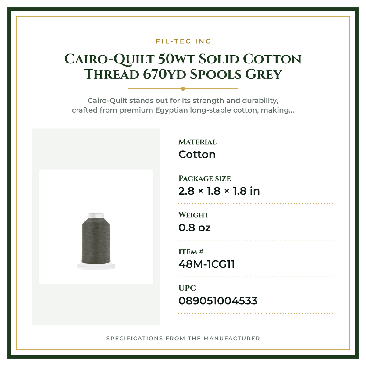 Product Specifications – Cairo-Quilt 50wt  Solid Cotton Thread 670yd Spools Grey