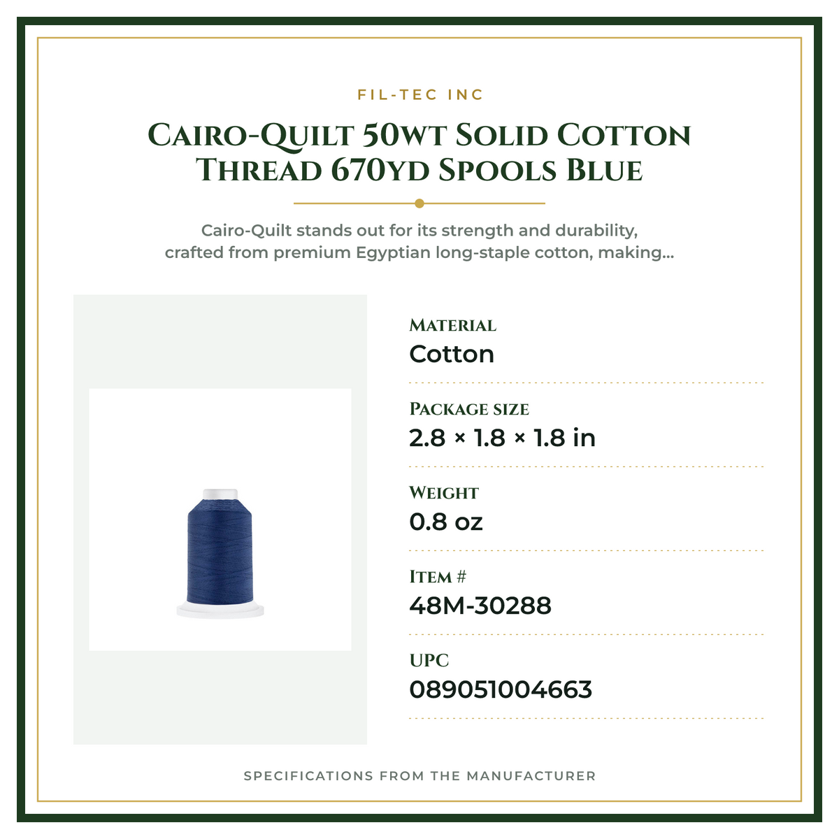 Product Specifications – Cairo-Quilt 50wt  Solid Cotton Thread 670yd Spools Blue