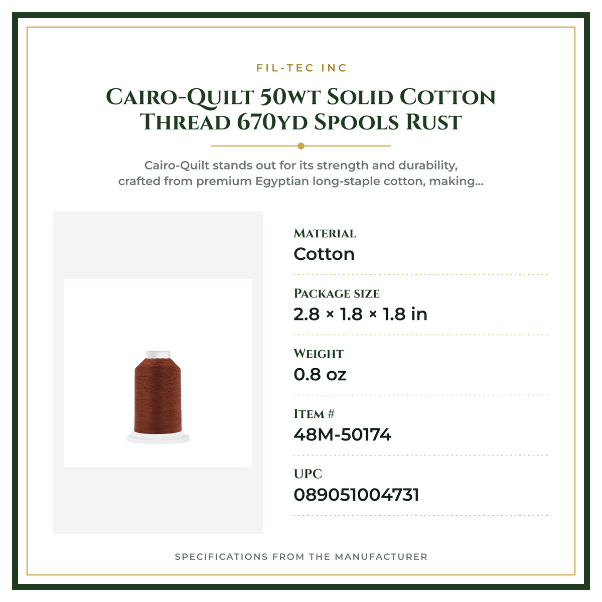 Product Specifications – Cairo-Quilt 50wt  Solid Cotton Thread 670yd Spools Rust