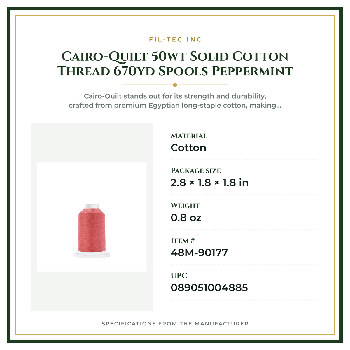 Product Specifications – Cairo-Quilt 50wt  Solid Cotton Thread 670yd Spools Peppermint