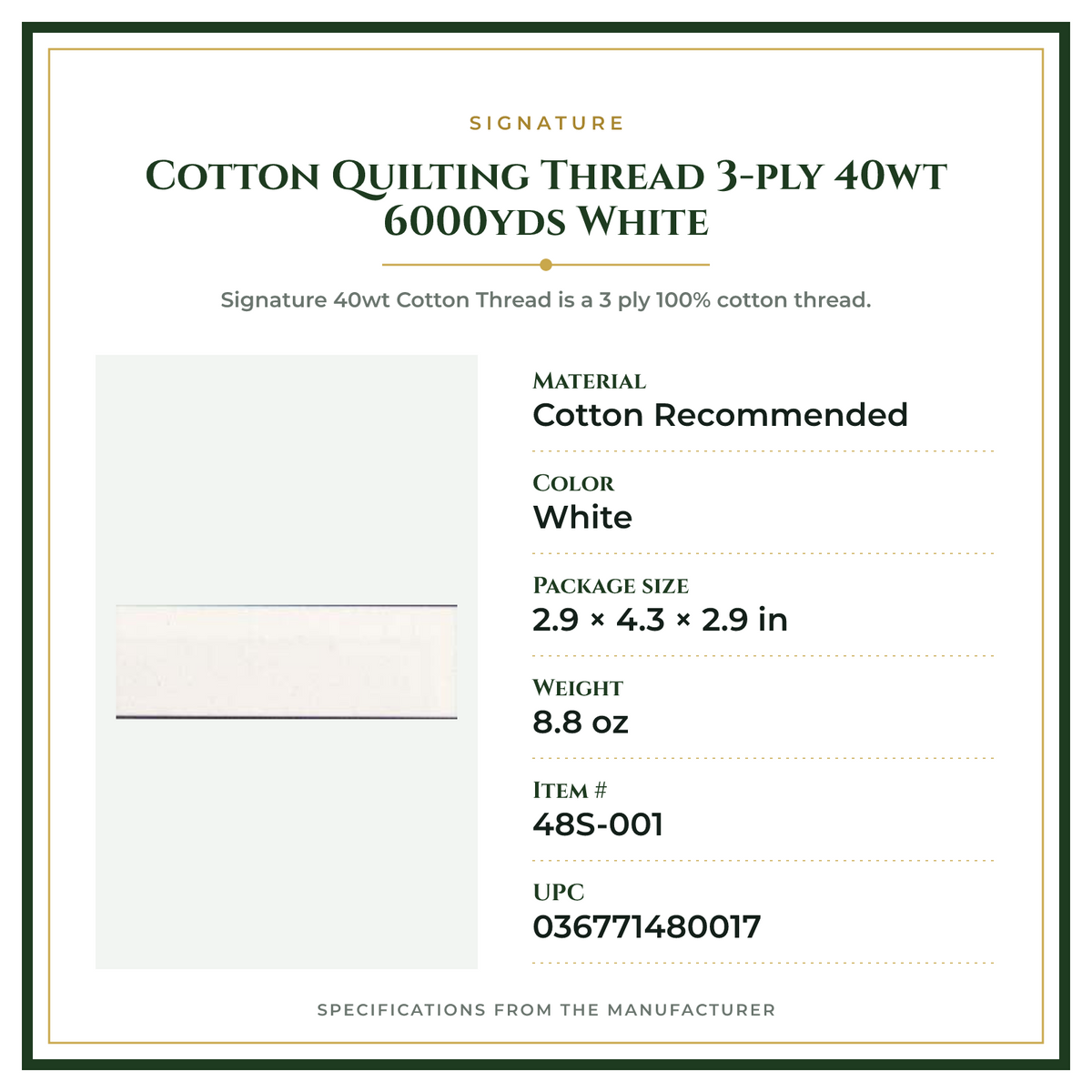 Product Specifications – Cotton Quilting Thread 3-ply 40wt 6000yds White
