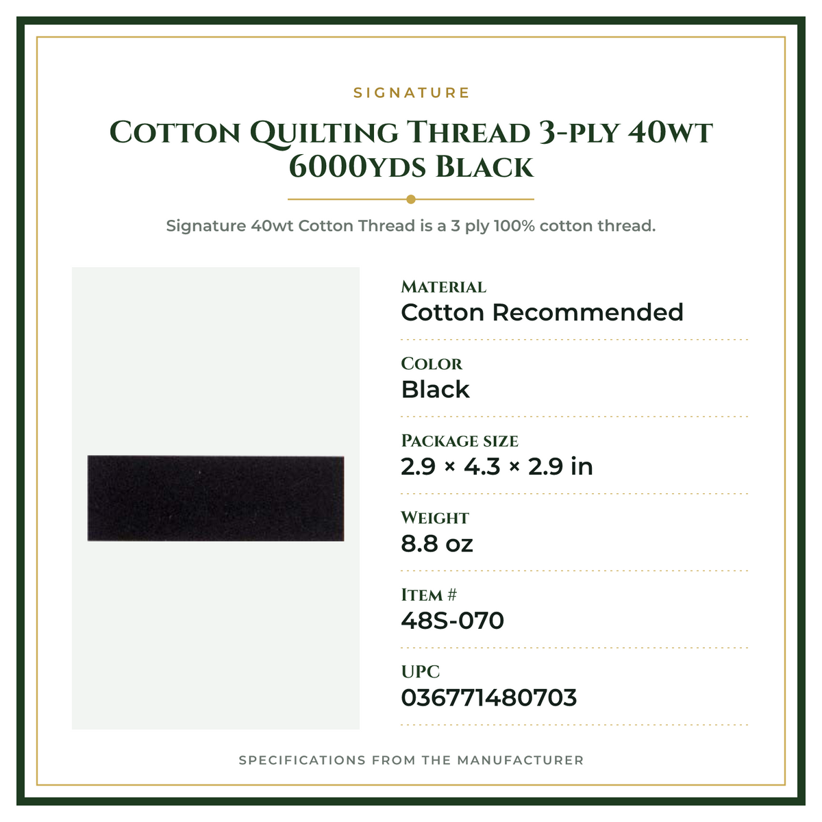 Product Specifications – Cotton Quilting Thread 3-ply 40wt 6000yds Black