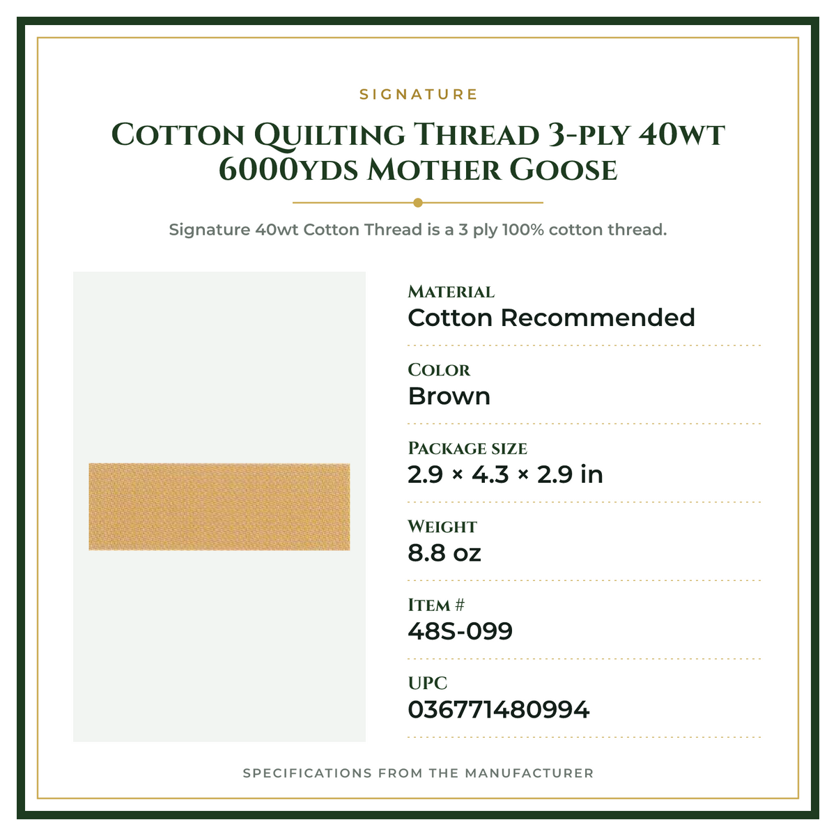 Product Specifications – Cotton Quilting Thread 3-ply 40wt 6000yds Mother Goose