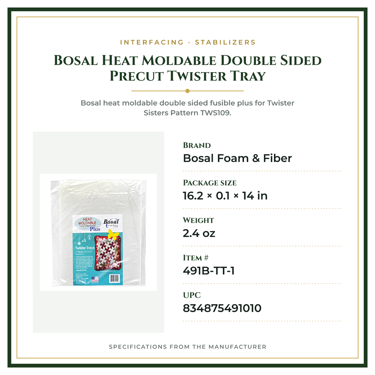 Product Specifications – Bosal Heat Moldable Double Sided Precut Twister Tray