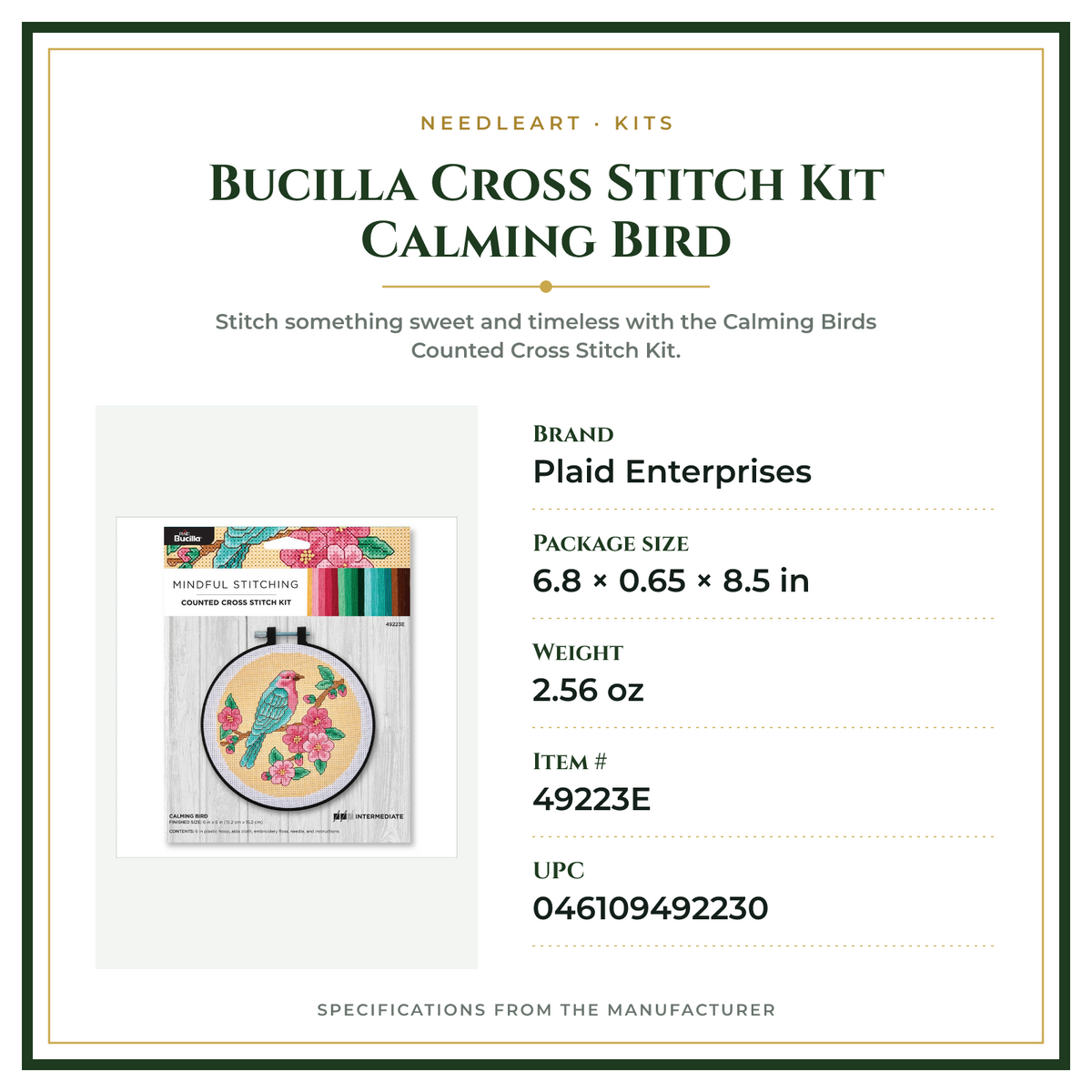 Product Specifications – Bucilla Cross Stitch Kit Calming Bird