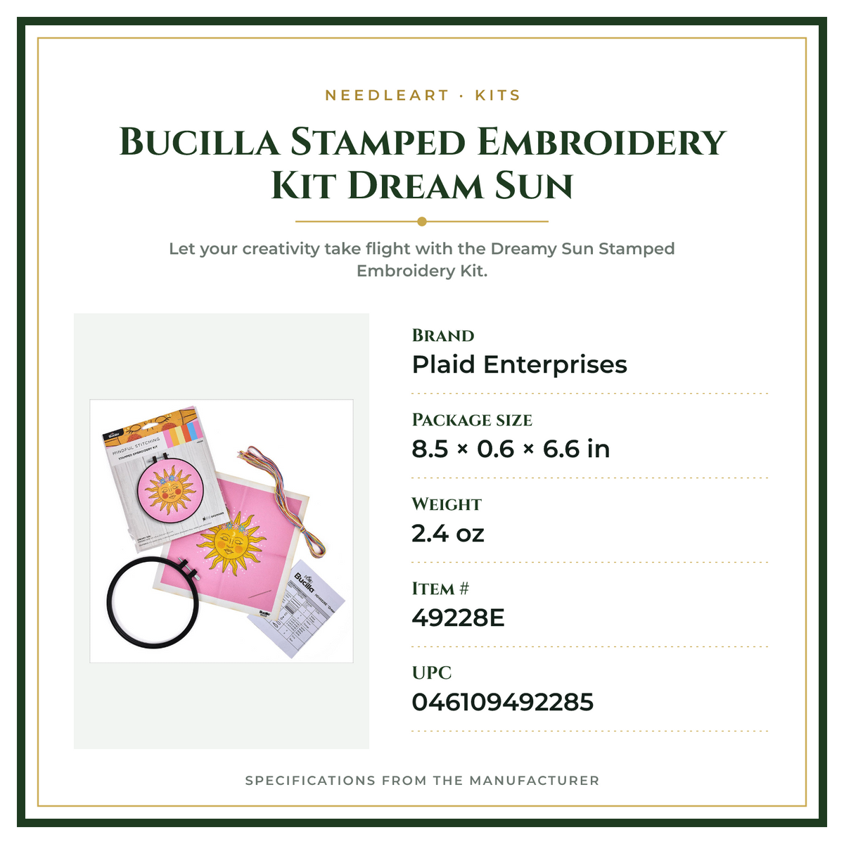 Product Specifications – Bucilla Stamped Embroidery Kit Dream Sun