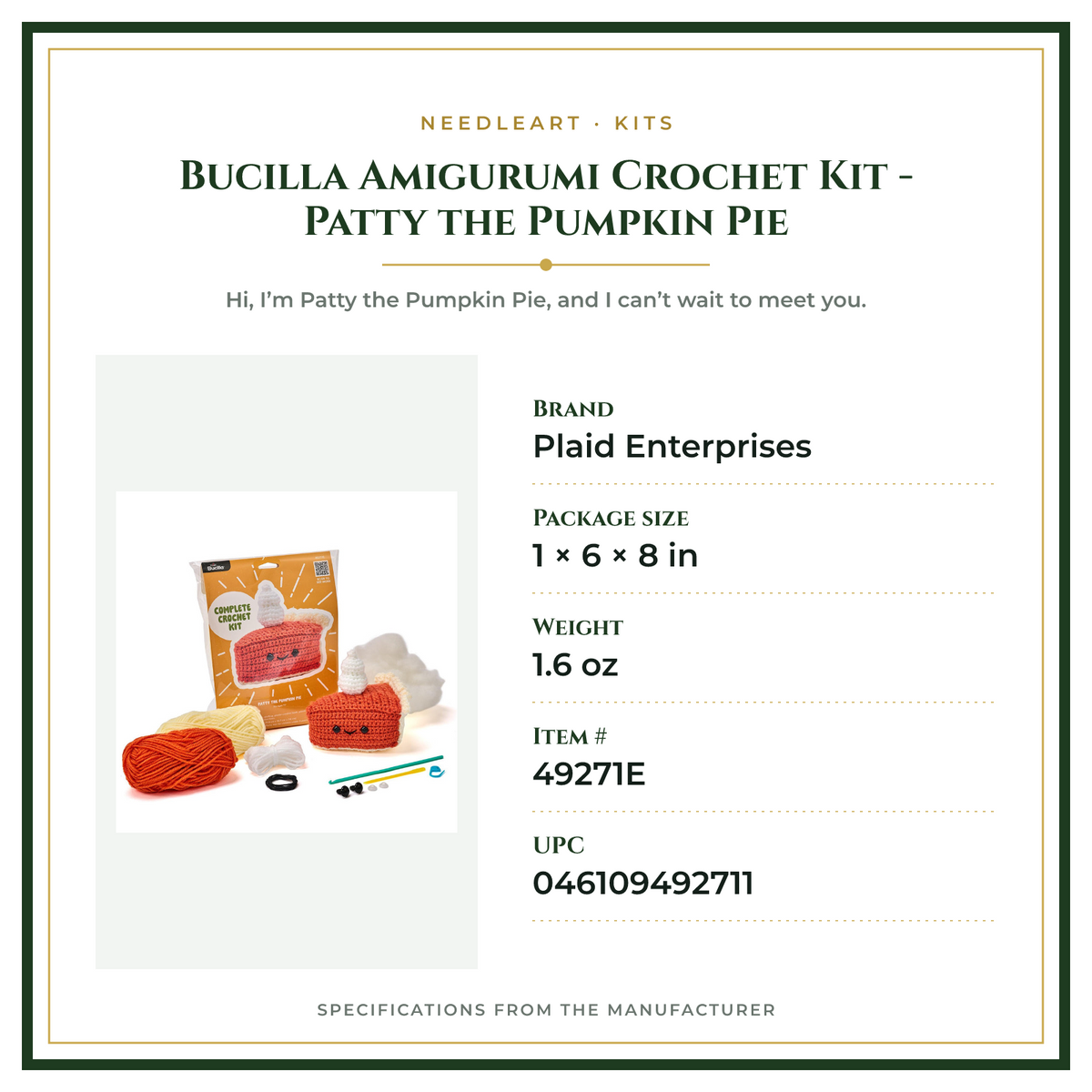 Product Specifications – Bucilla Amigurumi Crochet Kit - Patty the Pumpkin Pie