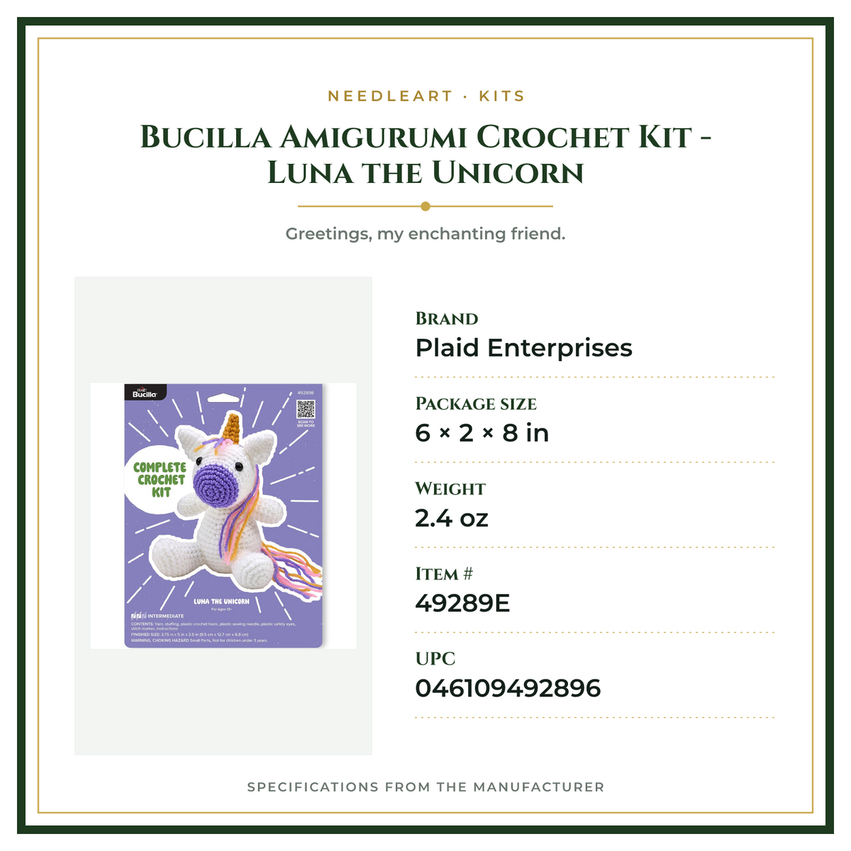 Product Specifications – Bucilla Amigurumi Crochet Kit - Luna the Unicorn