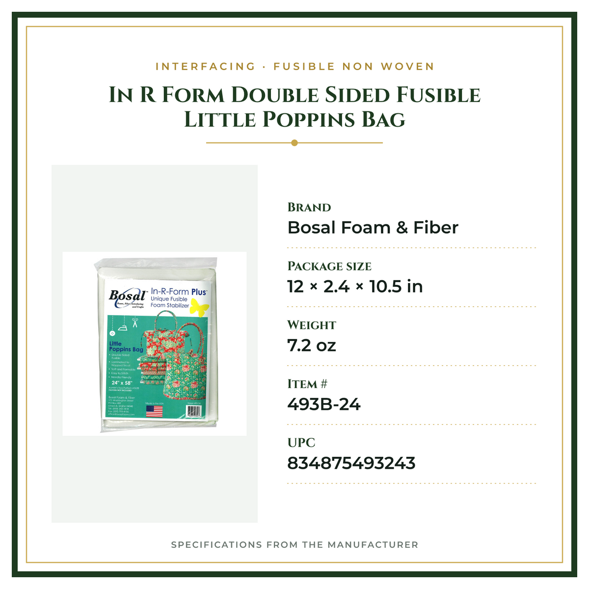 Product Specifications – In R Form Double Sided Fusible Little Poppins Bag