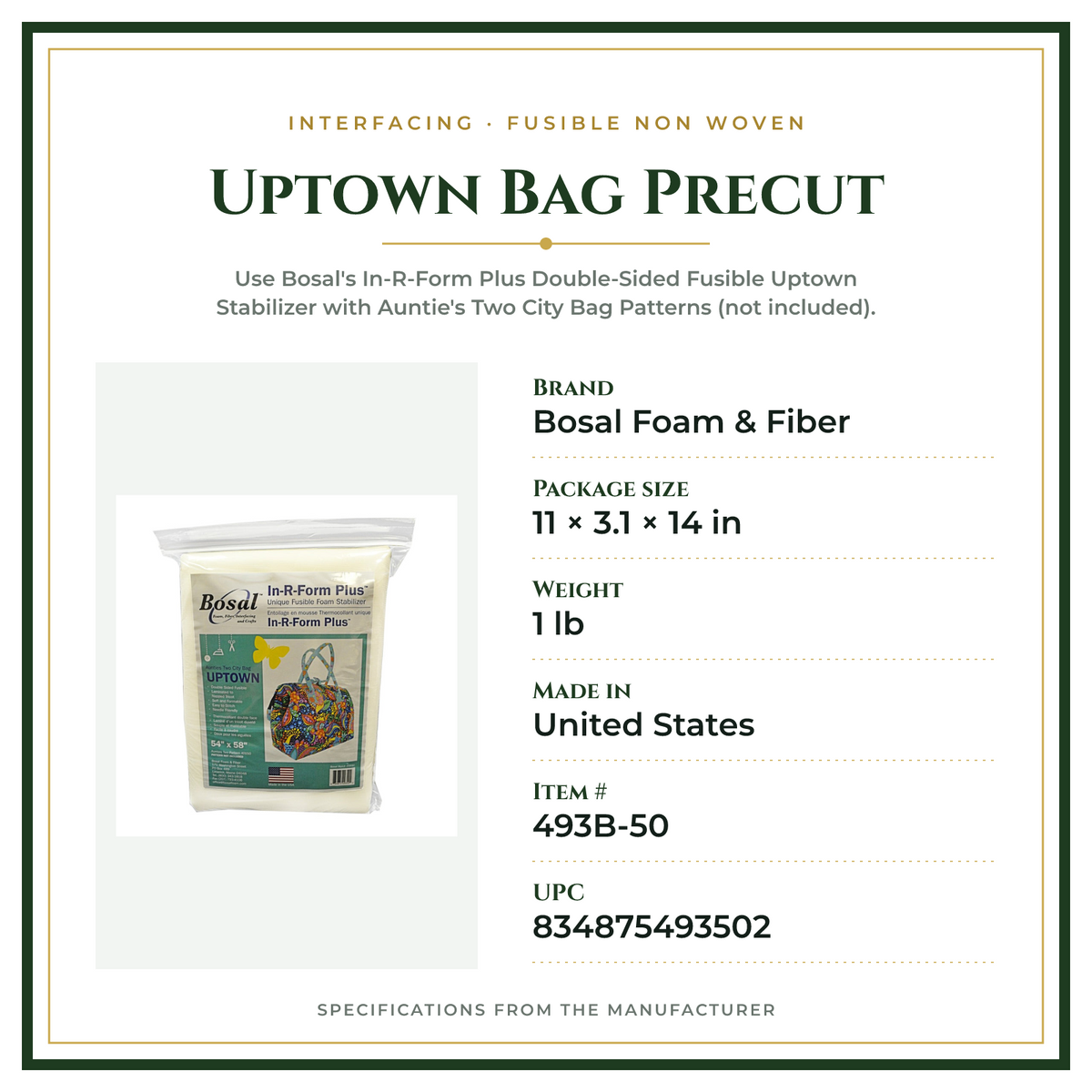 Product Specifications – Uptown Bag Precut