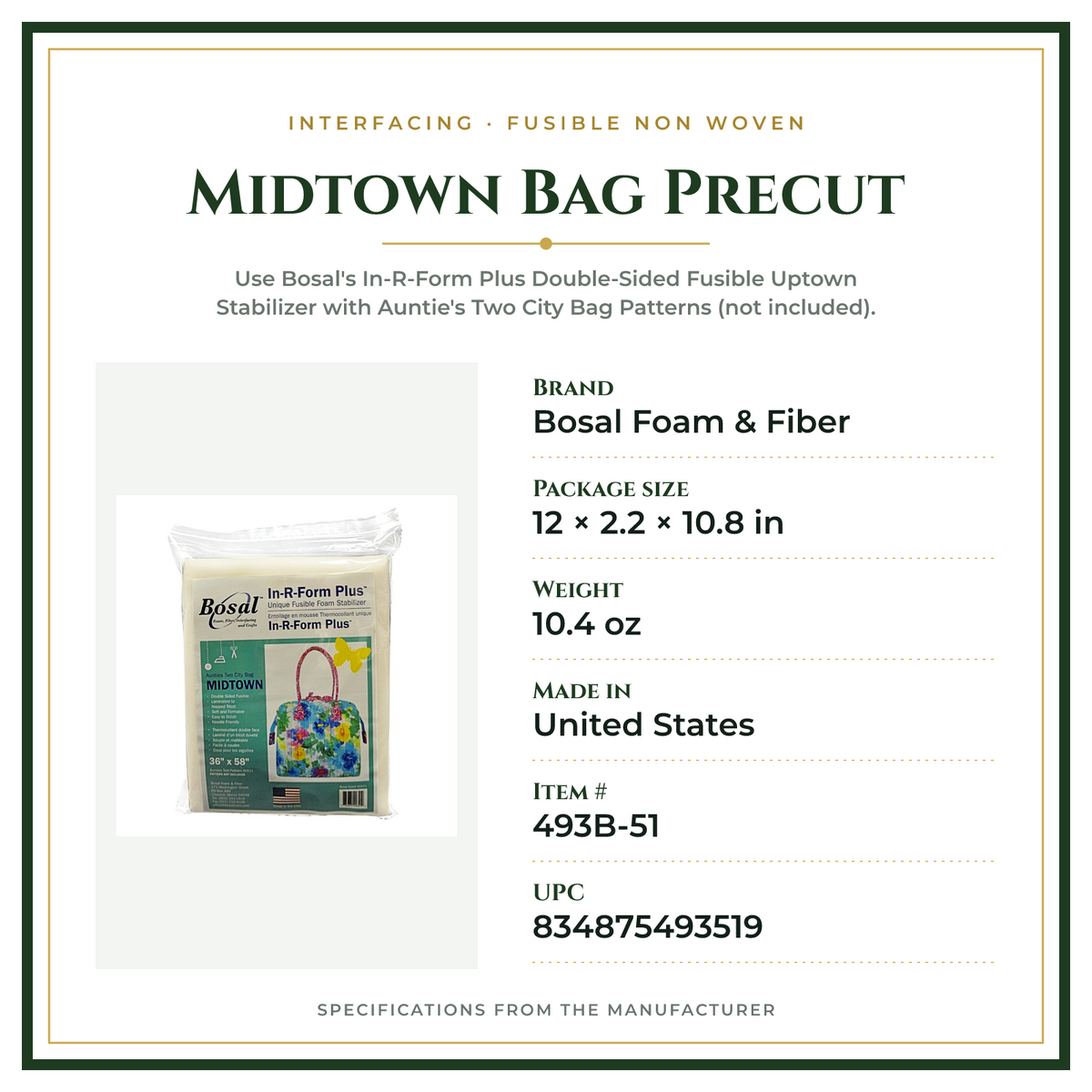 Product Specifications – Midtown Bag Precut