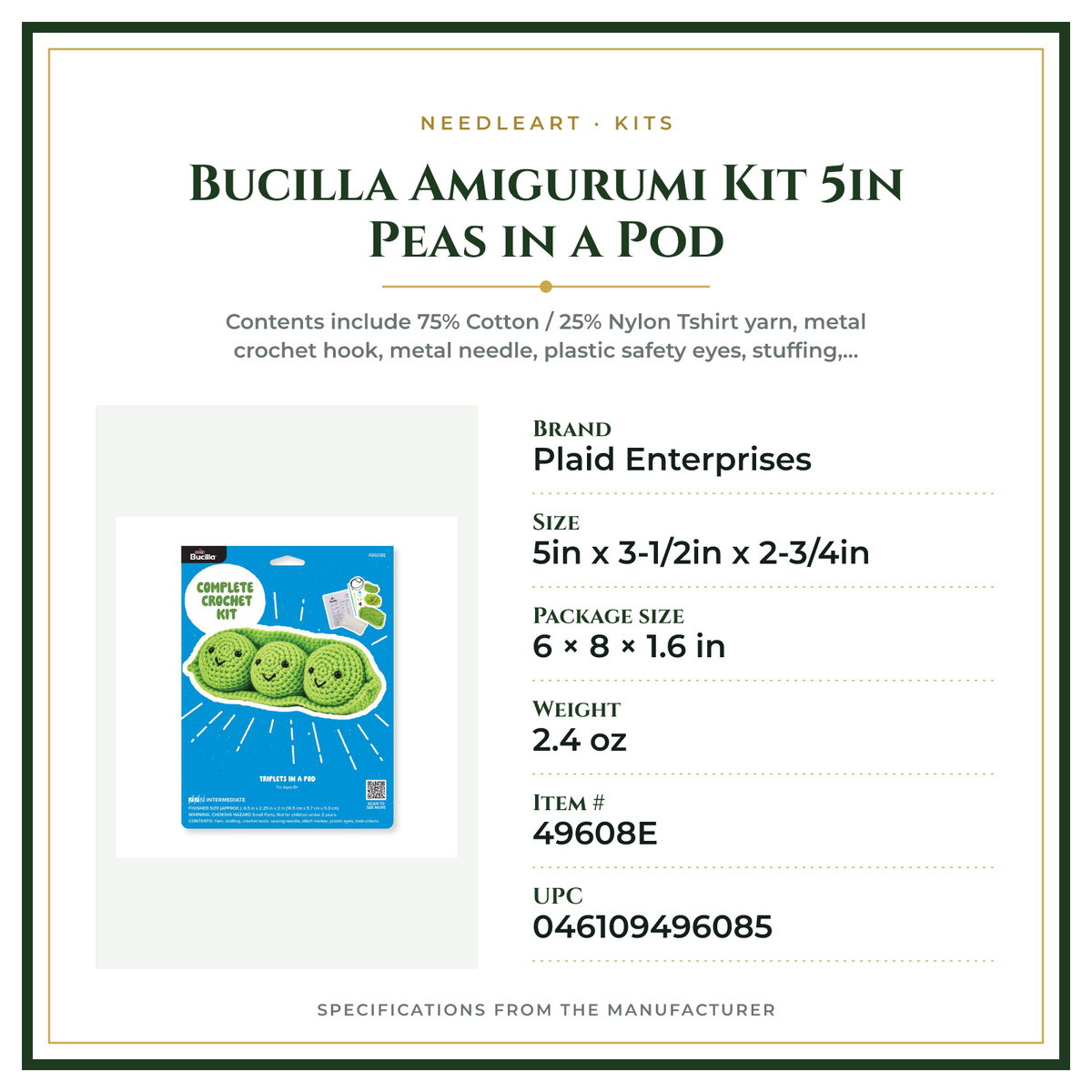 Product Specifications – Bucilla Amigurumi Kit 5in Peas in a Pod