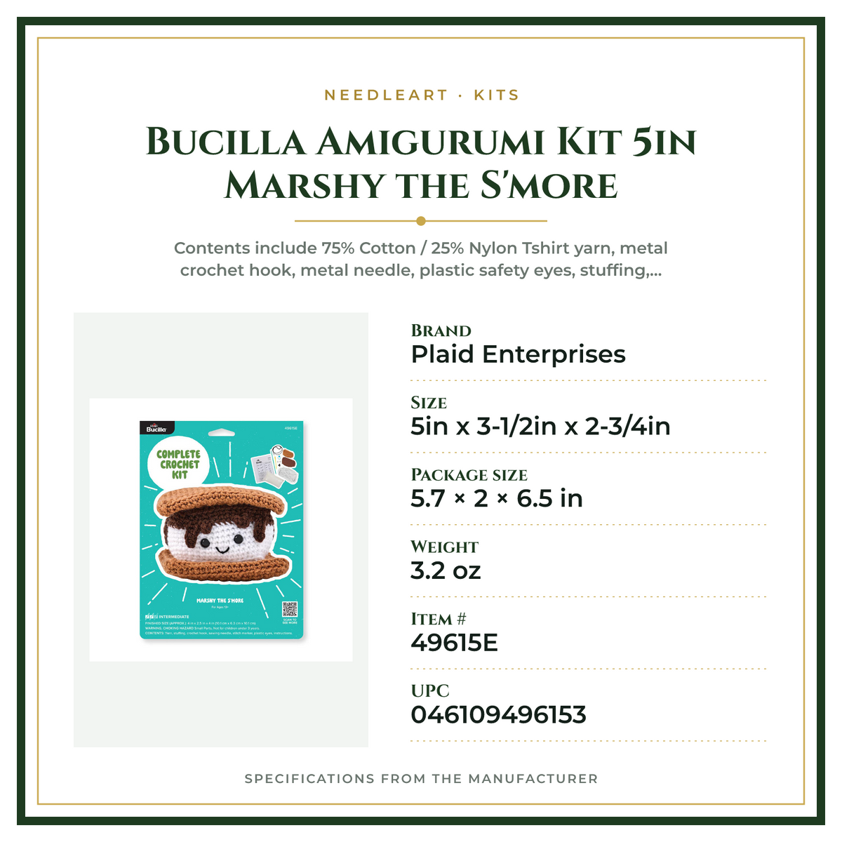 Product Specifications – Bucilla Amigurumi Kit 5in Marshy the S'more