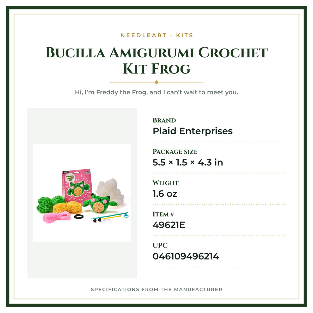 Product Specifications – Bucilla Amigurumi Crochet Kit Frog