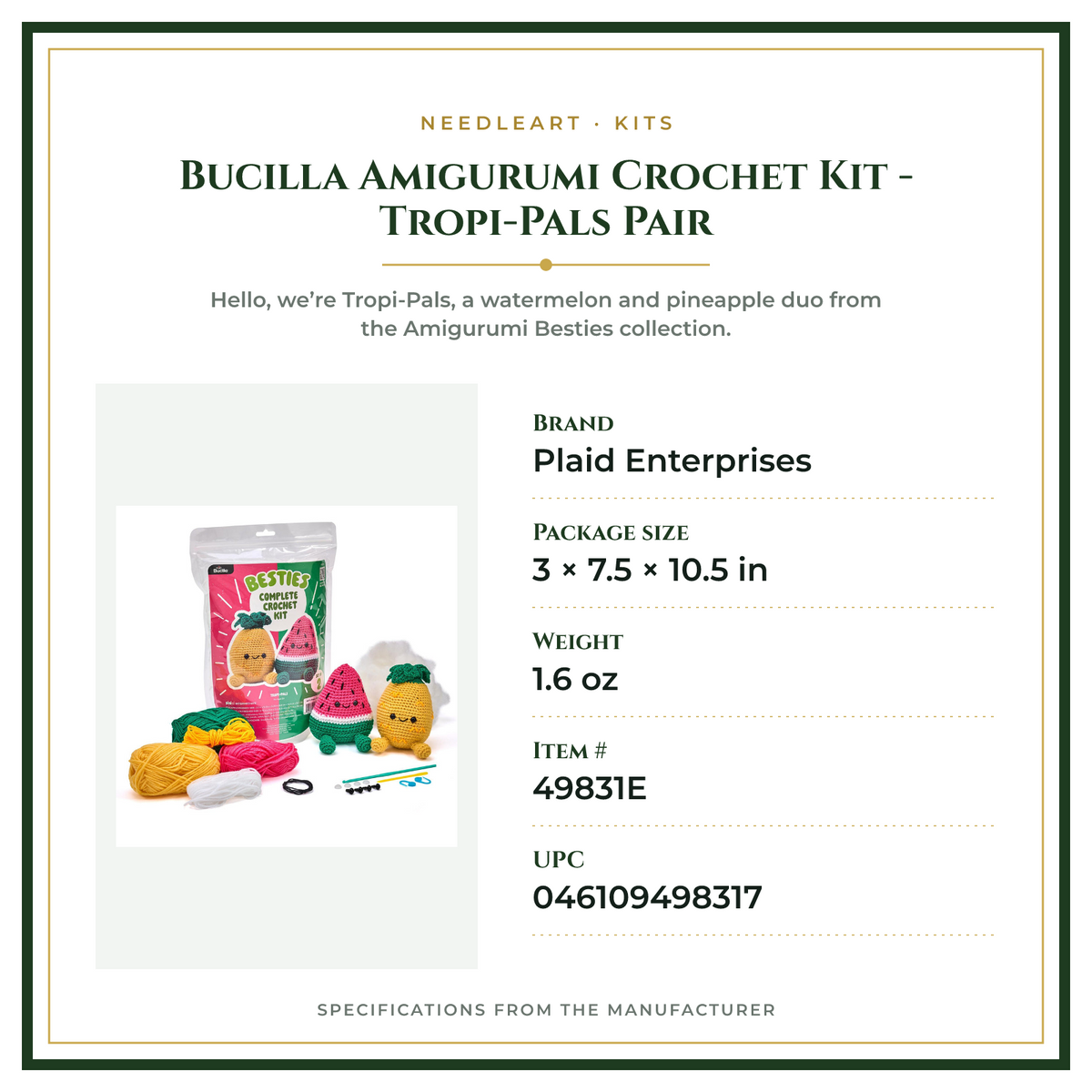 Product Specifications – Bucilla Amigurumi Crochet Kit - Tropi-Pals Pair