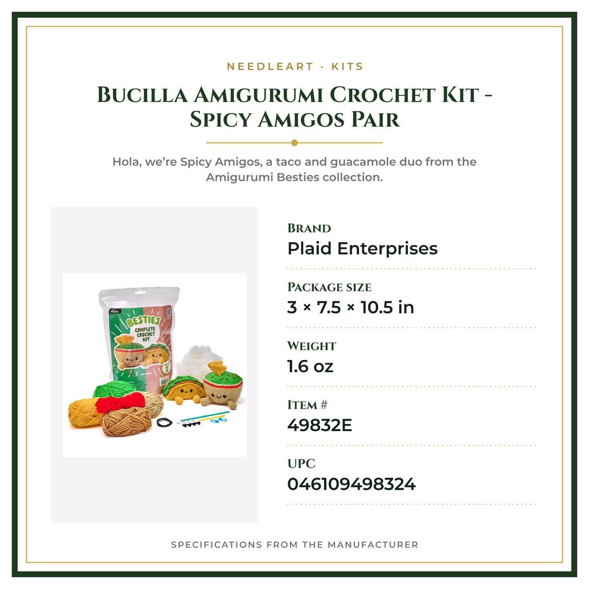 Product Specifications – Bucilla Amigurumi Crochet Kit - Spicy Amigos Pair