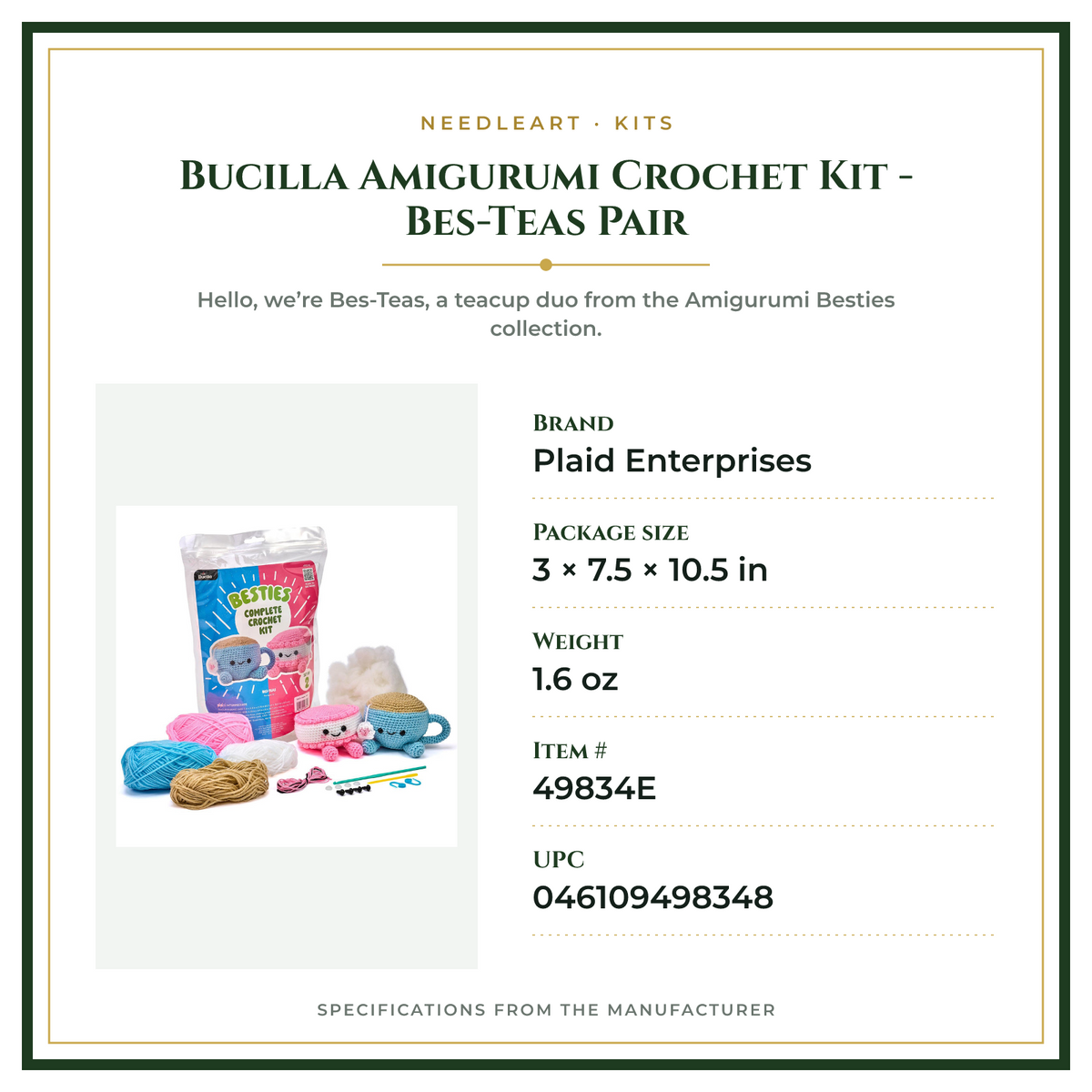 Product Specifications – Bucilla Amigurumi Crochet Kit - Bes-Teas Pair