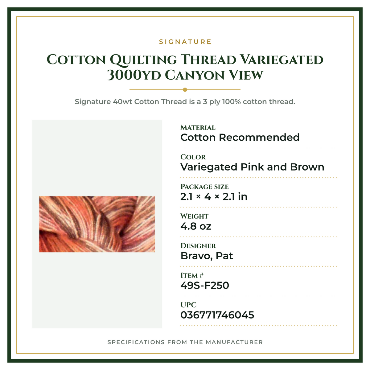 Product Specifications – Cotton Quilting Thread Variegated 3000yd Canyon View