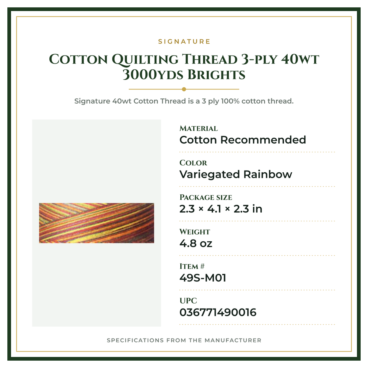 Product Specifications – Cotton Quilting Thread 3-ply 40wt 3000yds Brights