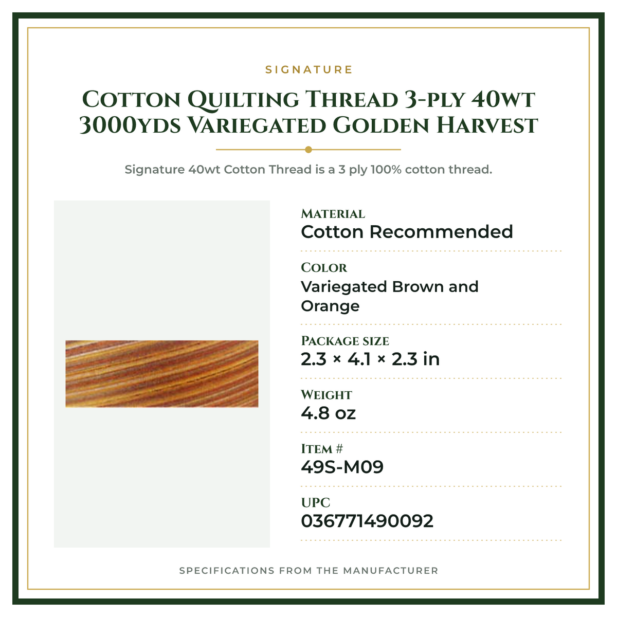 Product Specifications – Cotton Quilting Thread 3-ply 40wt 3000yds Variegated Golden Harvest