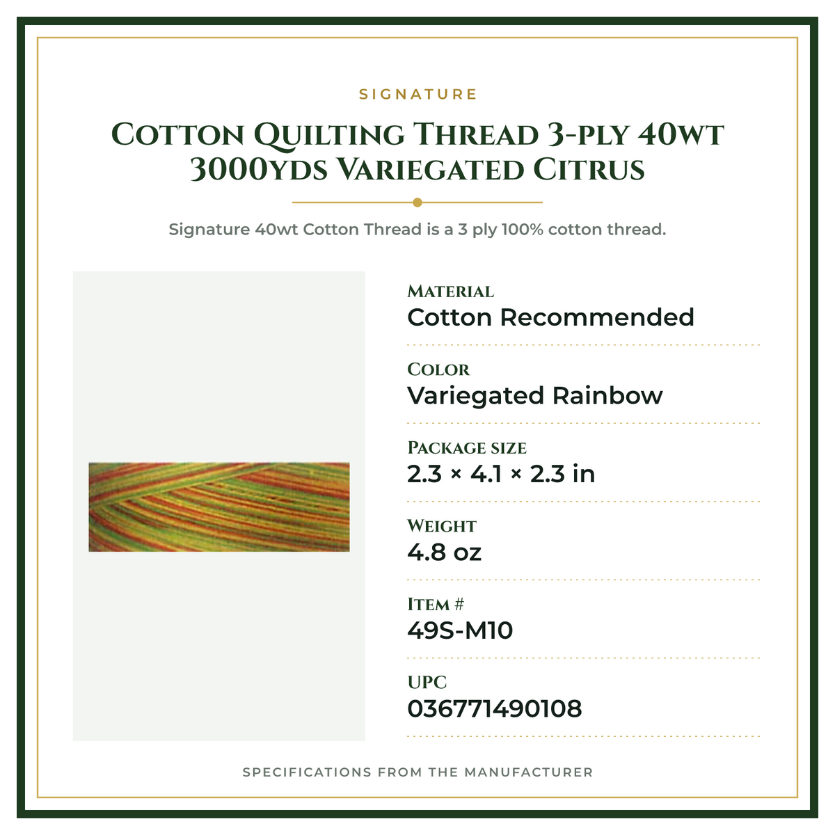 Product Specifications – Cotton Quilting Thread 3-ply 40wt 3000yds Variegated Citrus