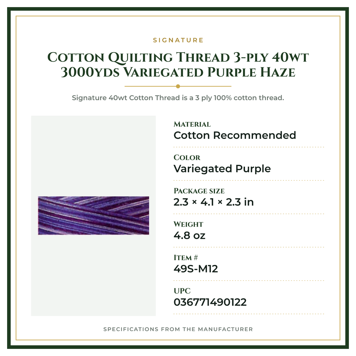 Product Specifications – Cotton Quilting Thread 3-ply 40wt 3000yds Variegated Purple Haze