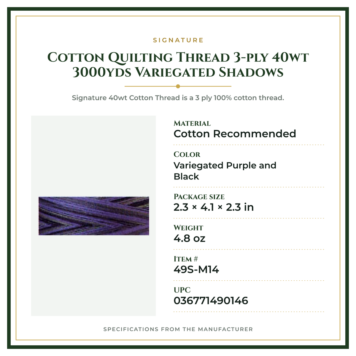 Product Specifications – Cotton Quilting Thread 3-ply 40wt 3000yds Variegated Shadows