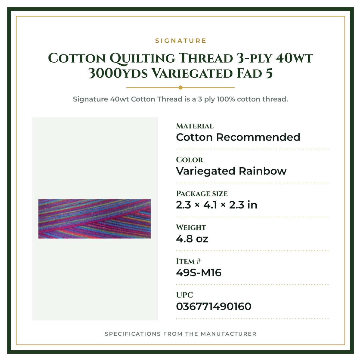 Product Specifications – Cotton Quilting Thread 3-ply 40wt 3000yds Variegated Fad 5