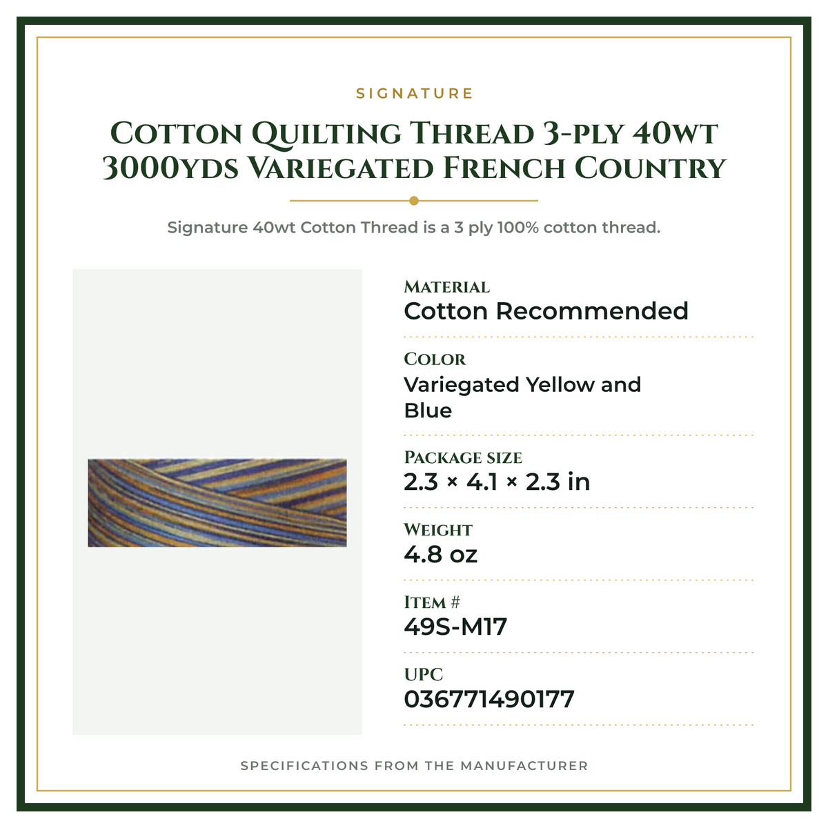 Product Specifications – Cotton Quilting Thread 3-ply 40wt 3000yds Variegated French Country