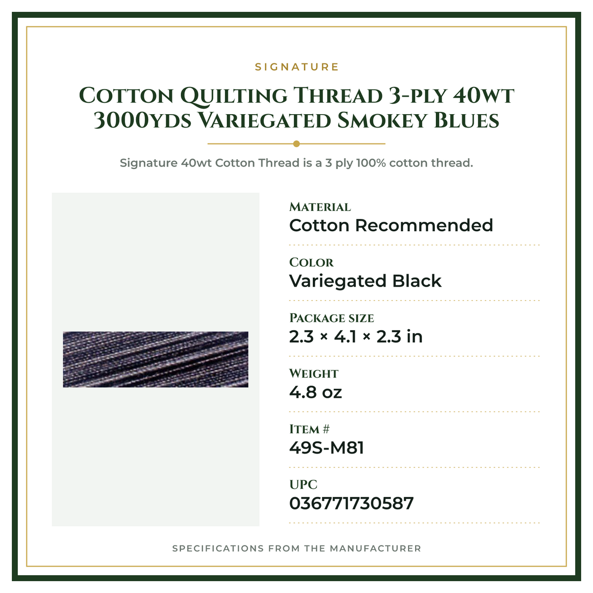 Product Specifications – Cotton Quilting Thread 3-ply 40wt 3000yds Variegated Smokey Blues