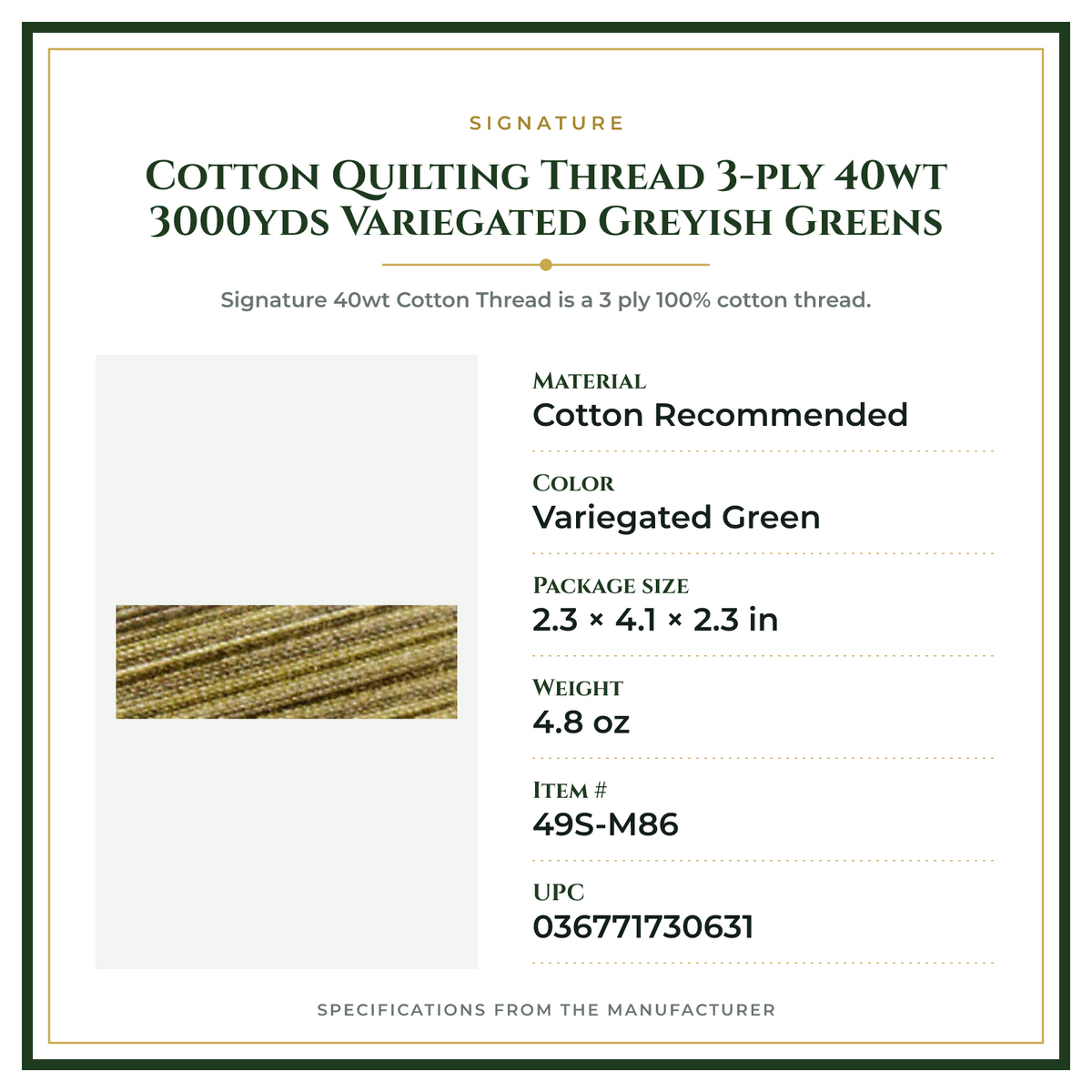 Product Specifications – Cotton Quilting Thread 3-ply 40wt 3000yds Variegated Greyish Greens