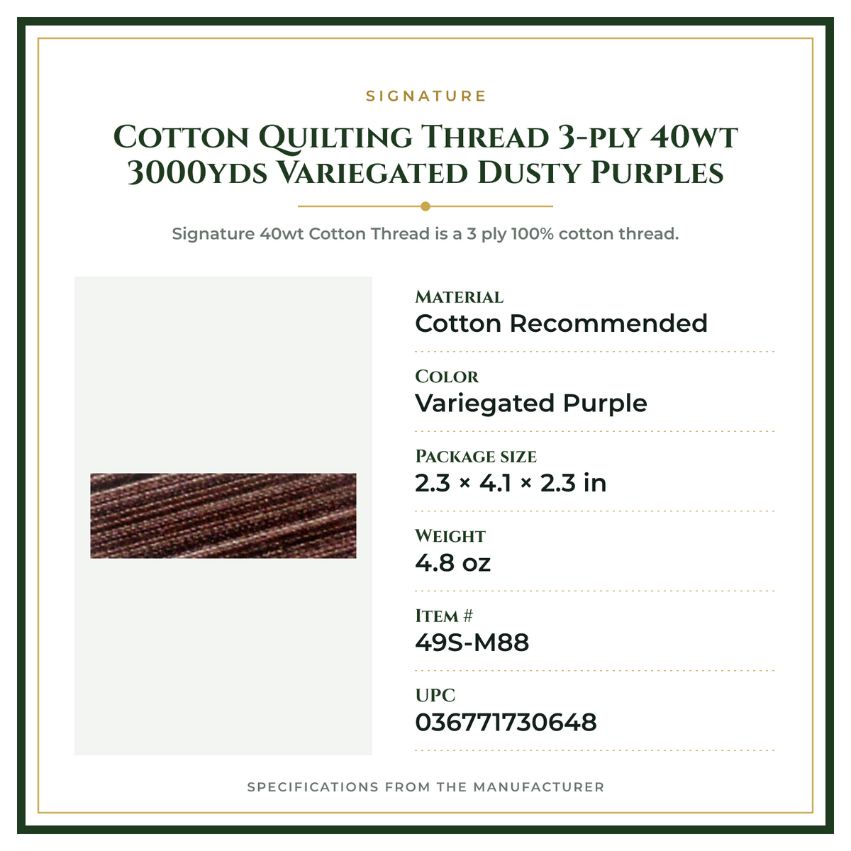 Product Specifications – Cotton Quilting Thread 3-ply 40wt 3000yds Variegated Dusty Purples