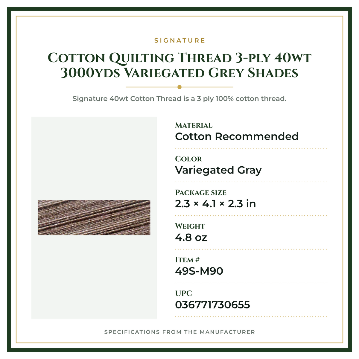 Product Specifications – Cotton Quilting Thread 3-ply 40wt 3000yds Variegated Grey Shades
