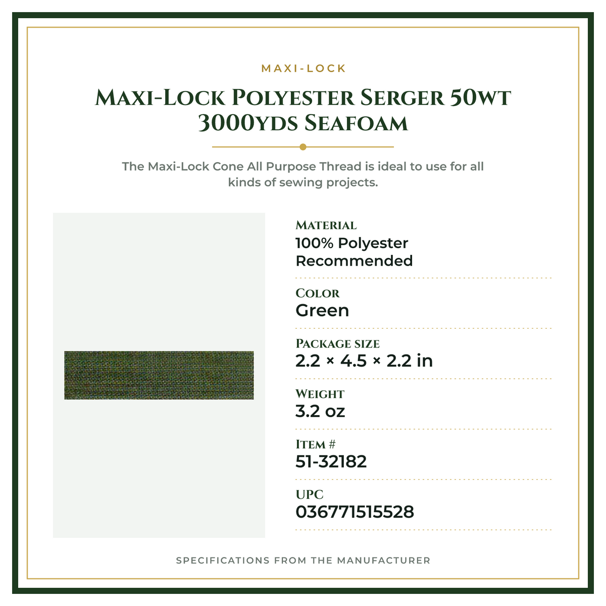 Product Specifications – Maxi-Lock Polyester Serger 50wt 3000yds Seafoam