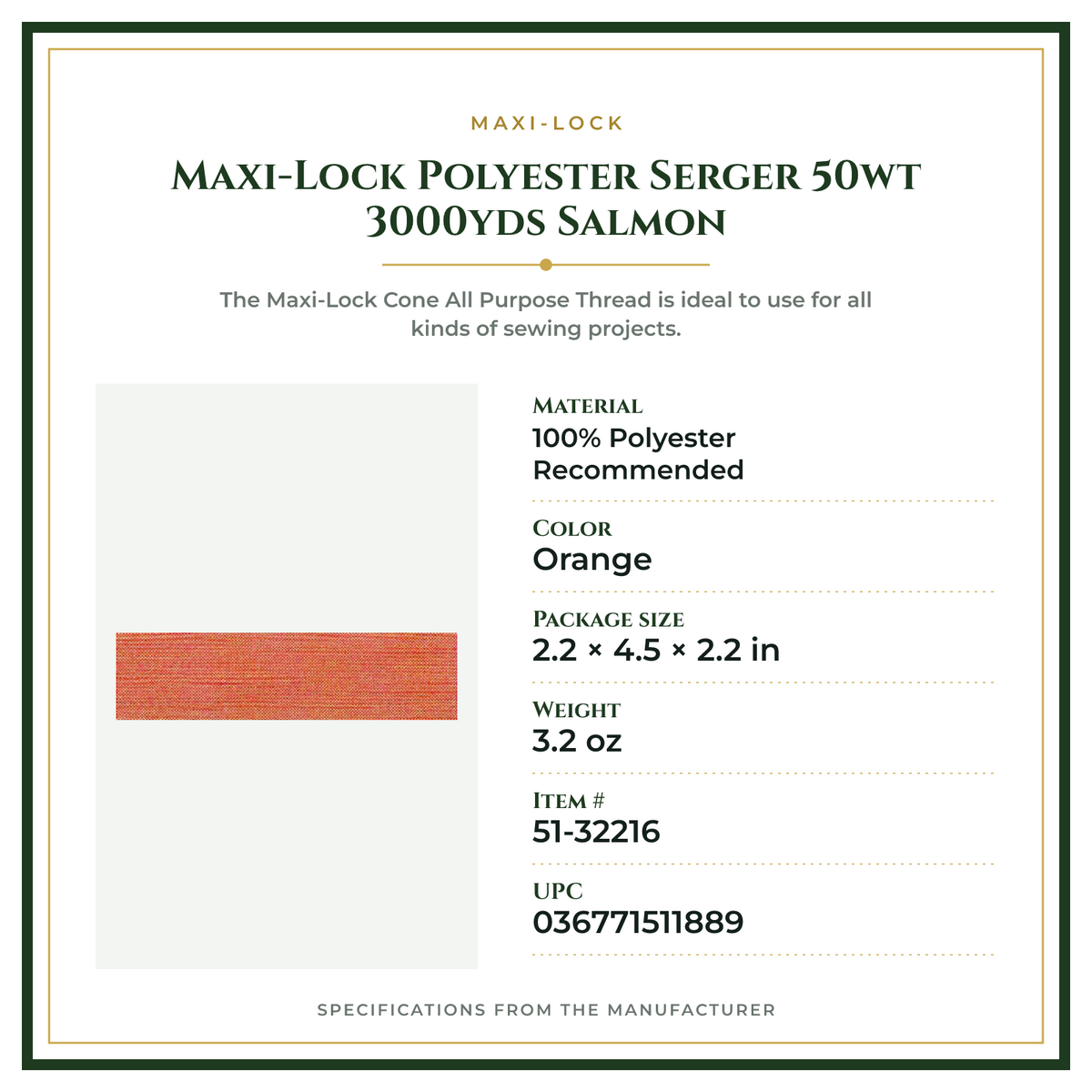 Product Specifications – Maxi-Lock Polyester Serger 50wt 3000yds Salmon