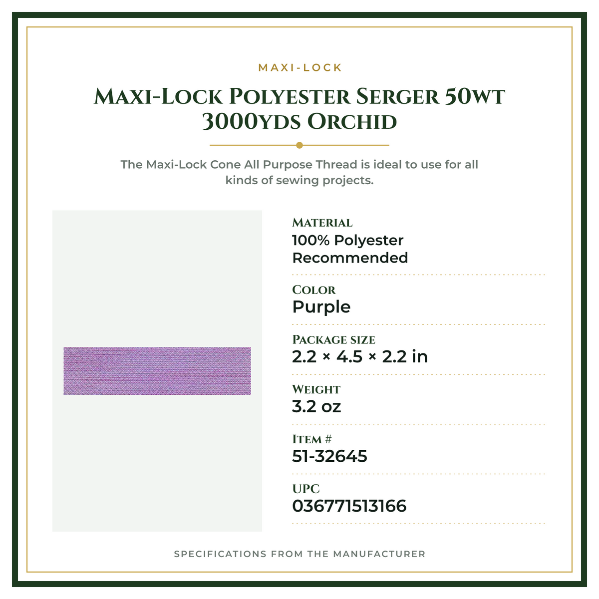 Product Specifications – Maxi-Lock Polyester Serger 50wt 3000yds Orchid