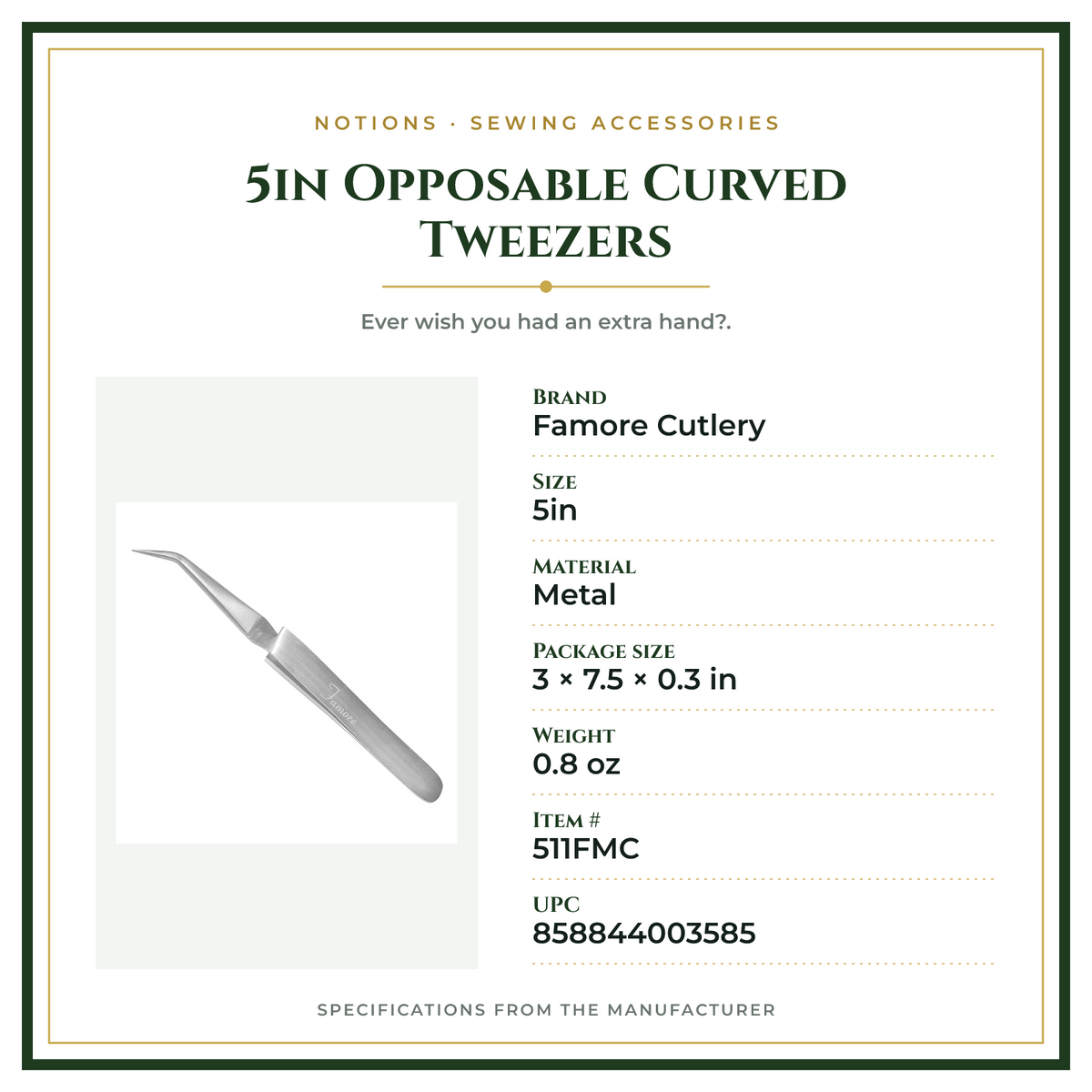 Product Specifications – 5in Opposable Curved Tweezers