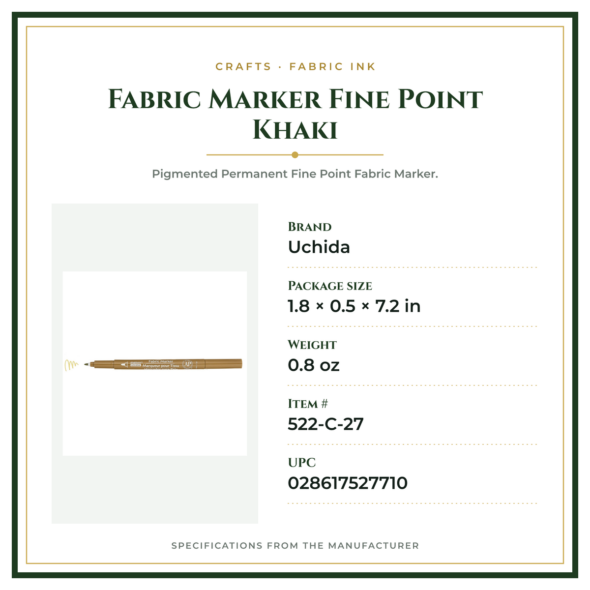 Product Specifications – Fabric Marker Fine Point Khaki