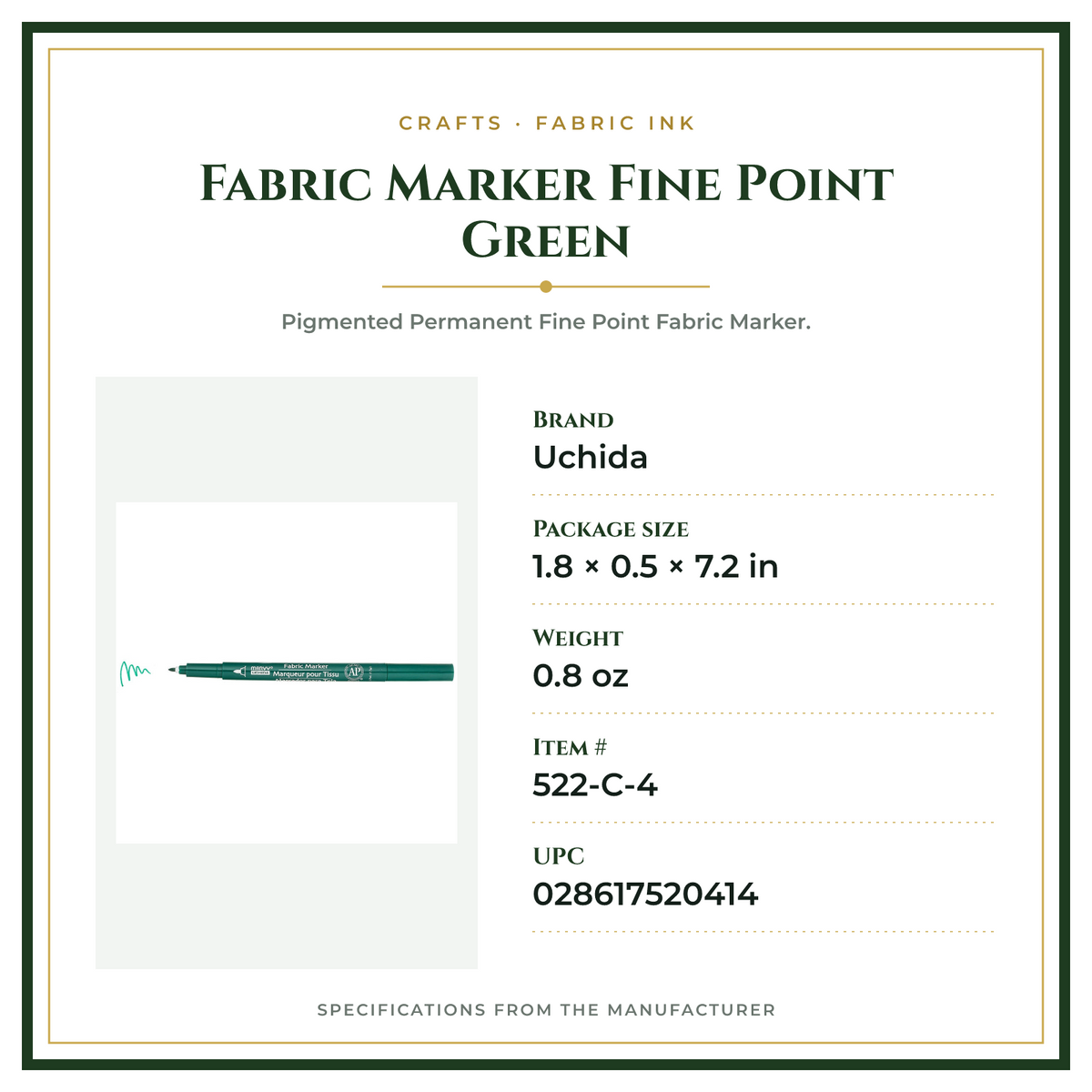Product Specifications – Fabric Marker Fine Point Green
