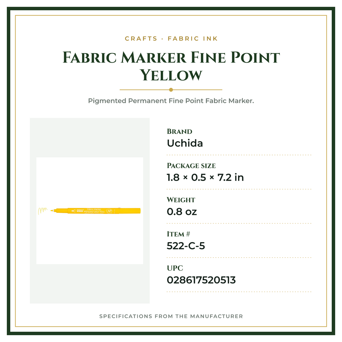 Product Specifications – Fabric Marker Fine Point Yellow